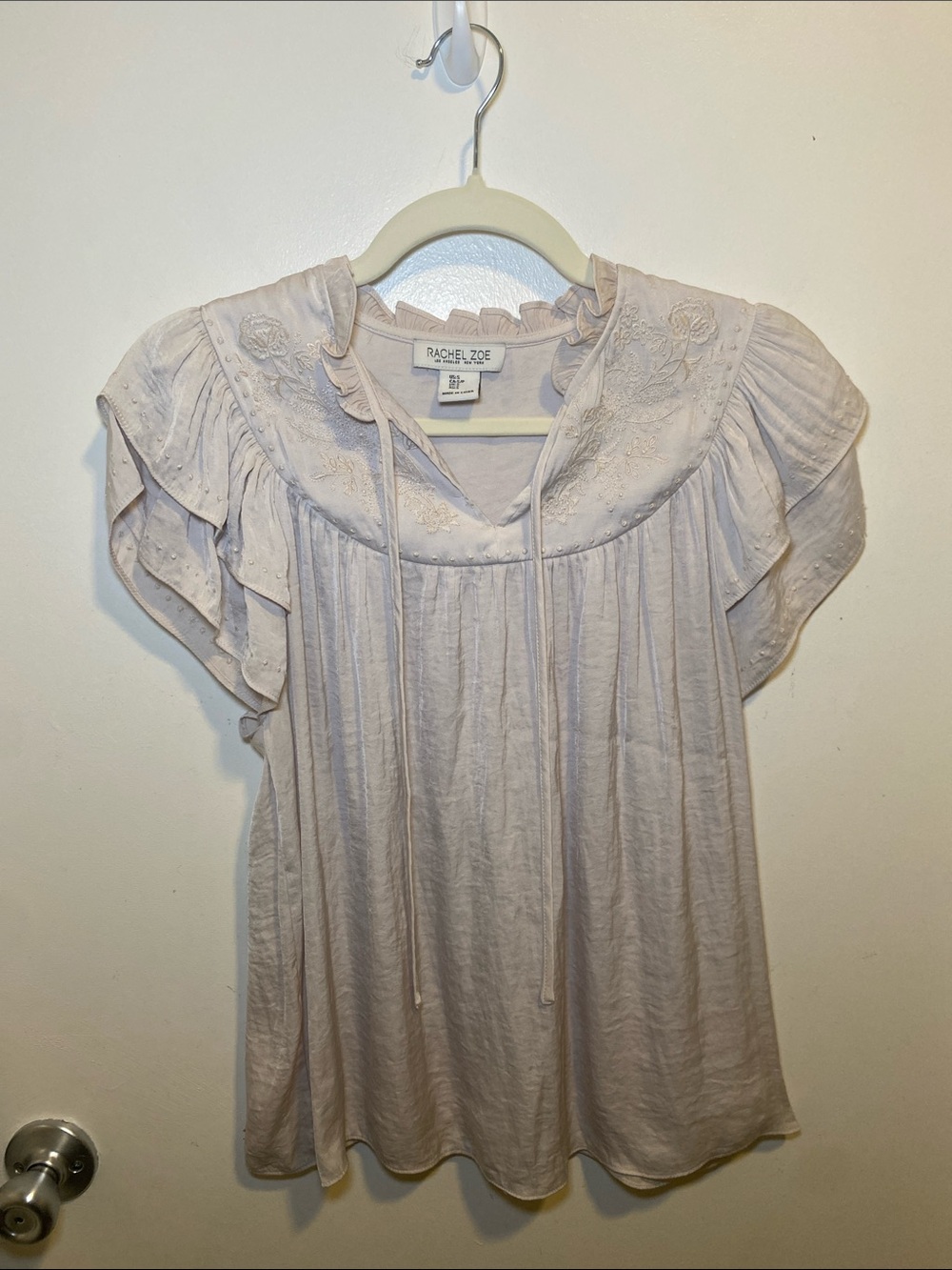 Rachel Zoe Light Cream Embroidered Ruffle-Sleeve Peasant Blouse